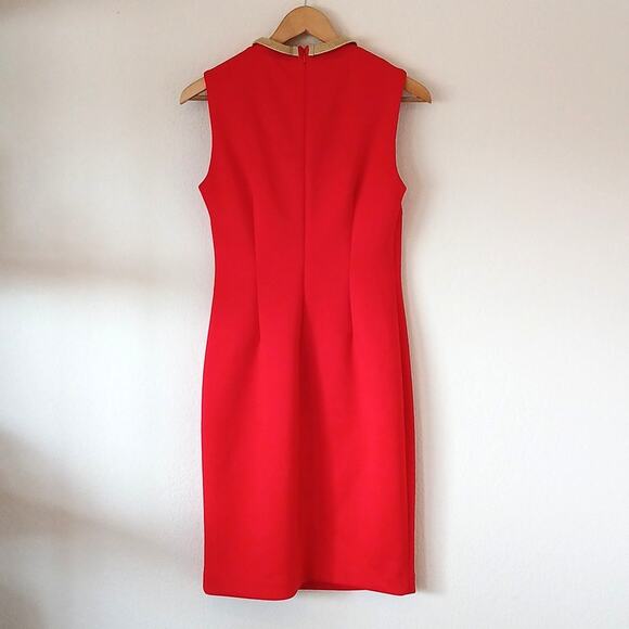 Calvin Klein Red Scuba Midi Dress With Gold Neck Detail - Picture 2 of 6